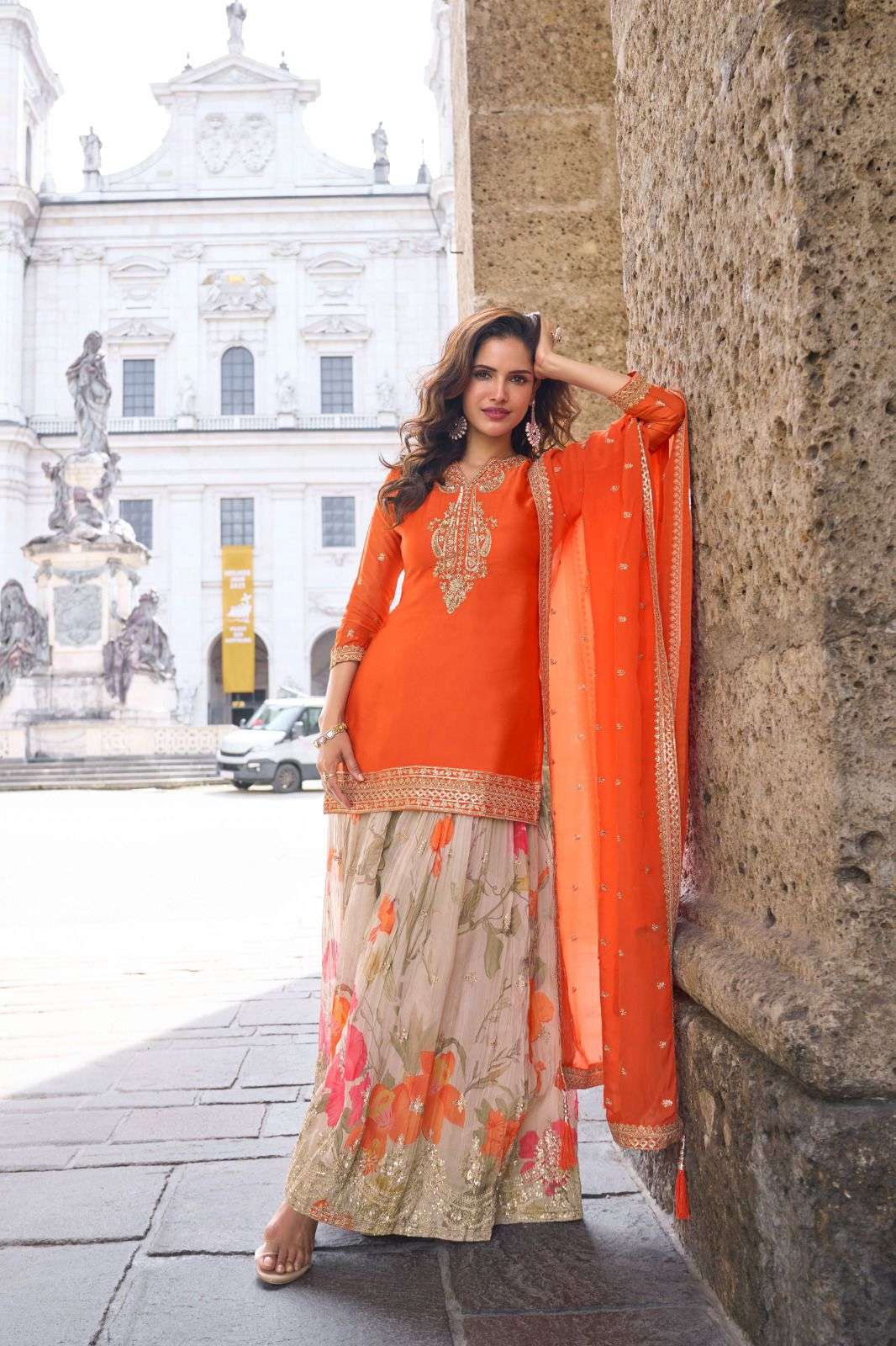 Falita Fancy Worked Exclusive Designer Real Chinon Palazzo Suit